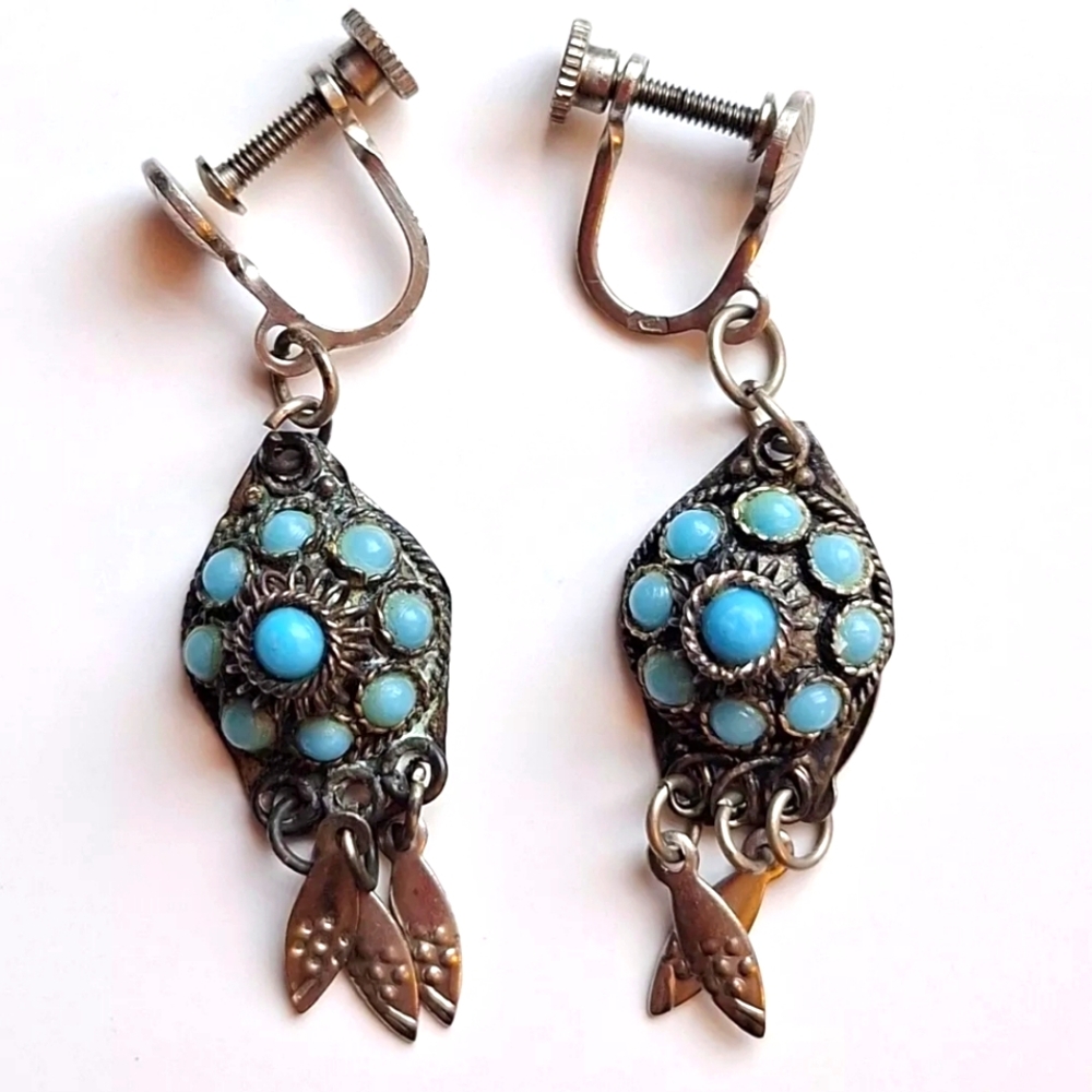 Vintage Sterling Silver & Turquoise Clip-On Earrings Made In Israel Engraved 925